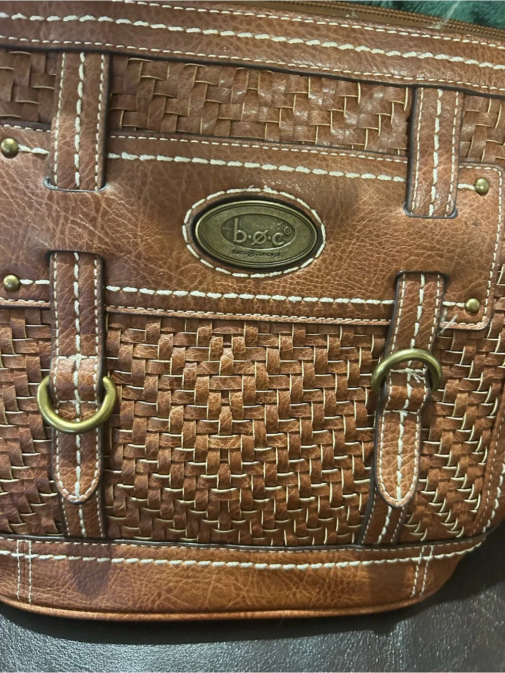 b.o.c. Brown Woven Leather Crossbody Bag with Brass Accents